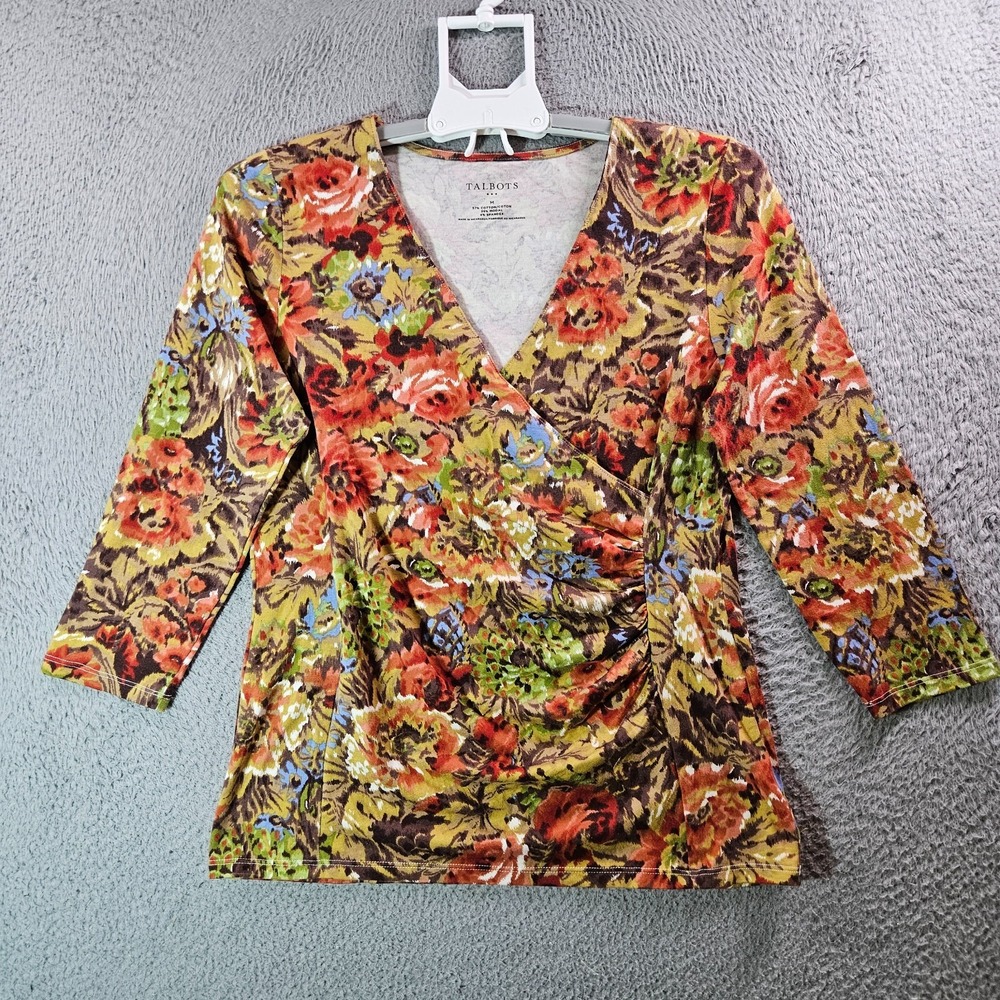 Talbots Wrap Top Women Medium Fitted 3/4 Sleeve Floral Print Multicolor